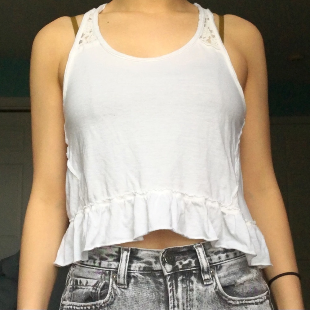Hollister White Racerback Lace Crop Ruffle Tank